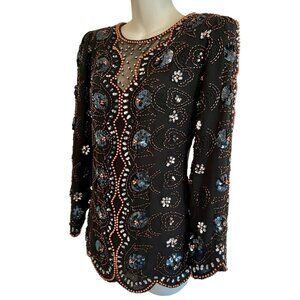 Jack Bryan Vintage Blouse Black Heavily Beaded Sequins Rhinestones Pearls Size 8